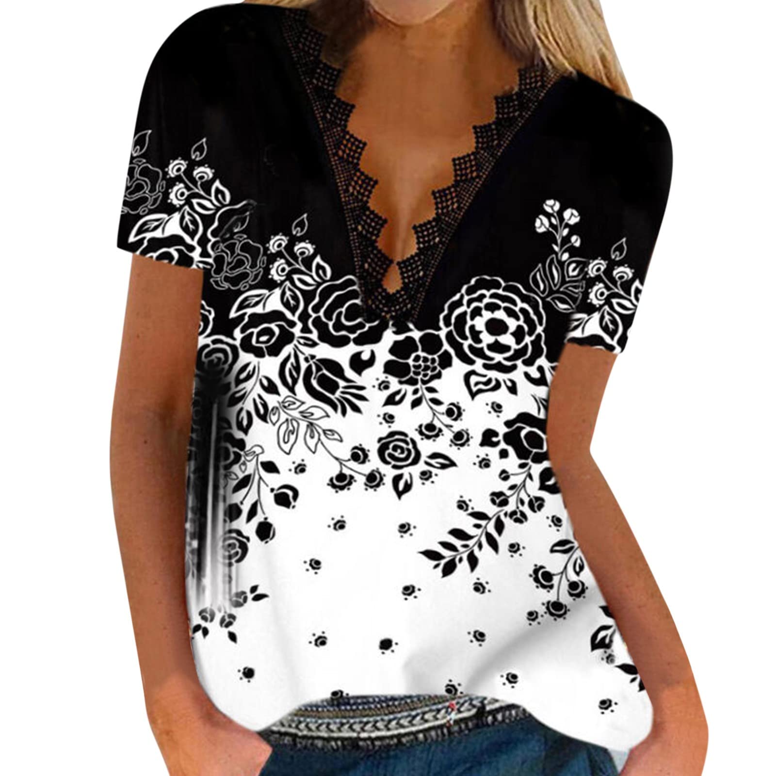 Women's Floral Print Lace V-Neck Tank Top - Short Sleeve Blouse for Summer, Casual Wear, Beach Outfits & Layering