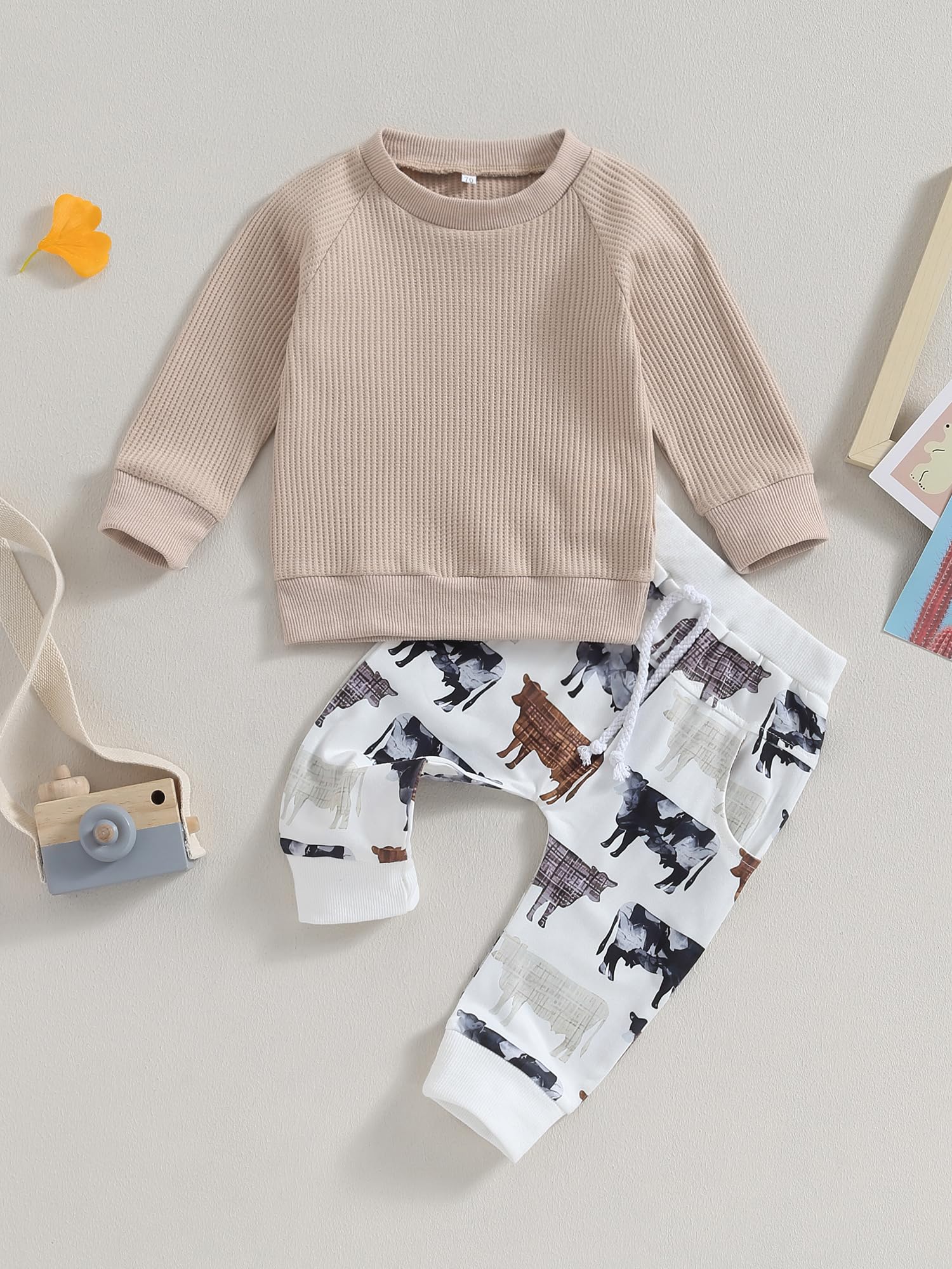 Taoocy Western Baby Girl & Boy Clothes Set - Long Sleeve Waffle Knit Sweatshirt & Cow Print Jogger Pants for Cowboy Fall & Spring Outfits | Cute Western Style Toddler Clothes for Playdates, Rodeo Events & Photo Shoots