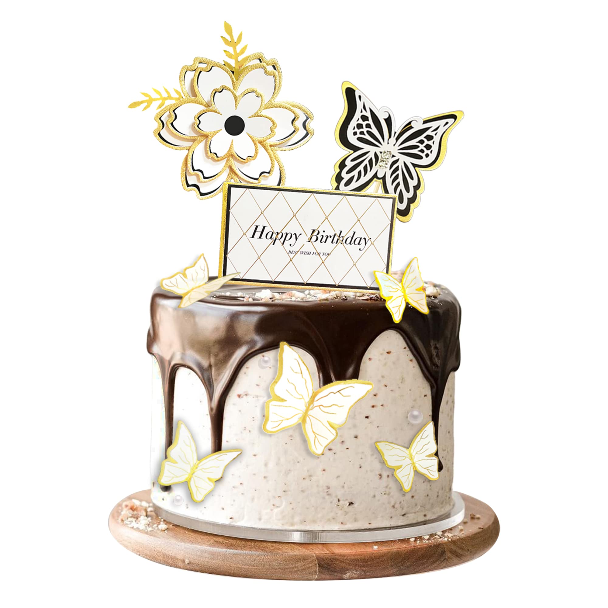 8-Piece White Gold Flower Butterfly Cake Toppers - Elegant Birthday Cake Decorations for Weddings, Baby Showers & Party Decor - Perfect for Butterflies Theme Celebration