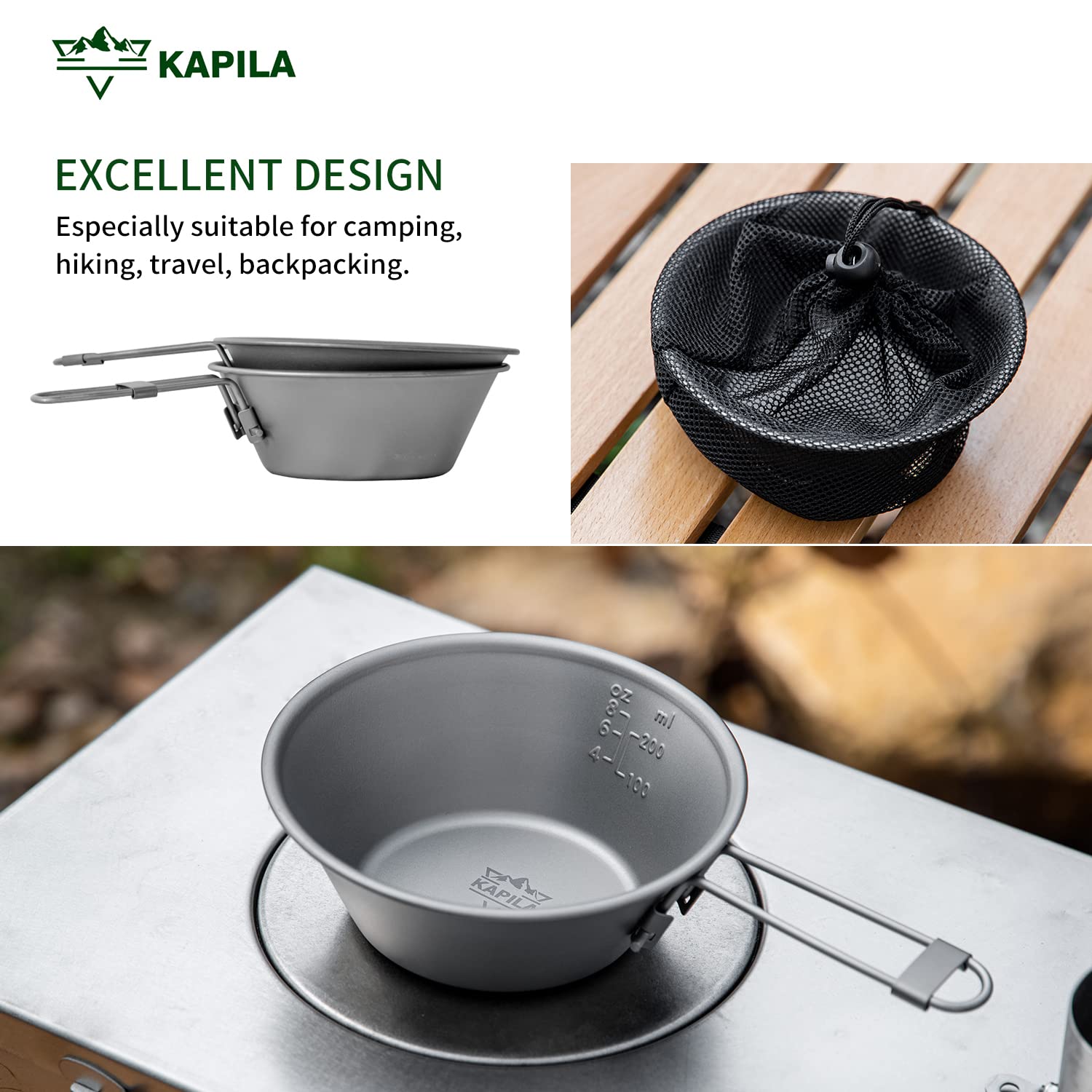 KAPILA 300ml Titanium Camping Bowl with Folding Handle - Lightweight Outdoor Tableware for Hiking, Backpacking & Picnic (Dish, Cup, Cookware)