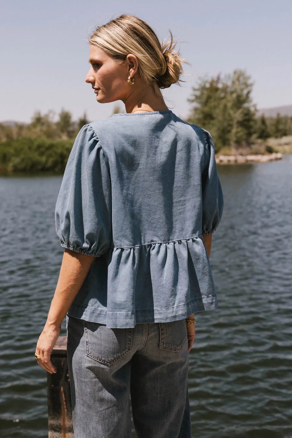 Natalia Peplum Tie Blouse - Light Wash Women's Tops | Casual & Office Wear | FINAL SALE | Perfect for Work, Date Night & Special Occasions