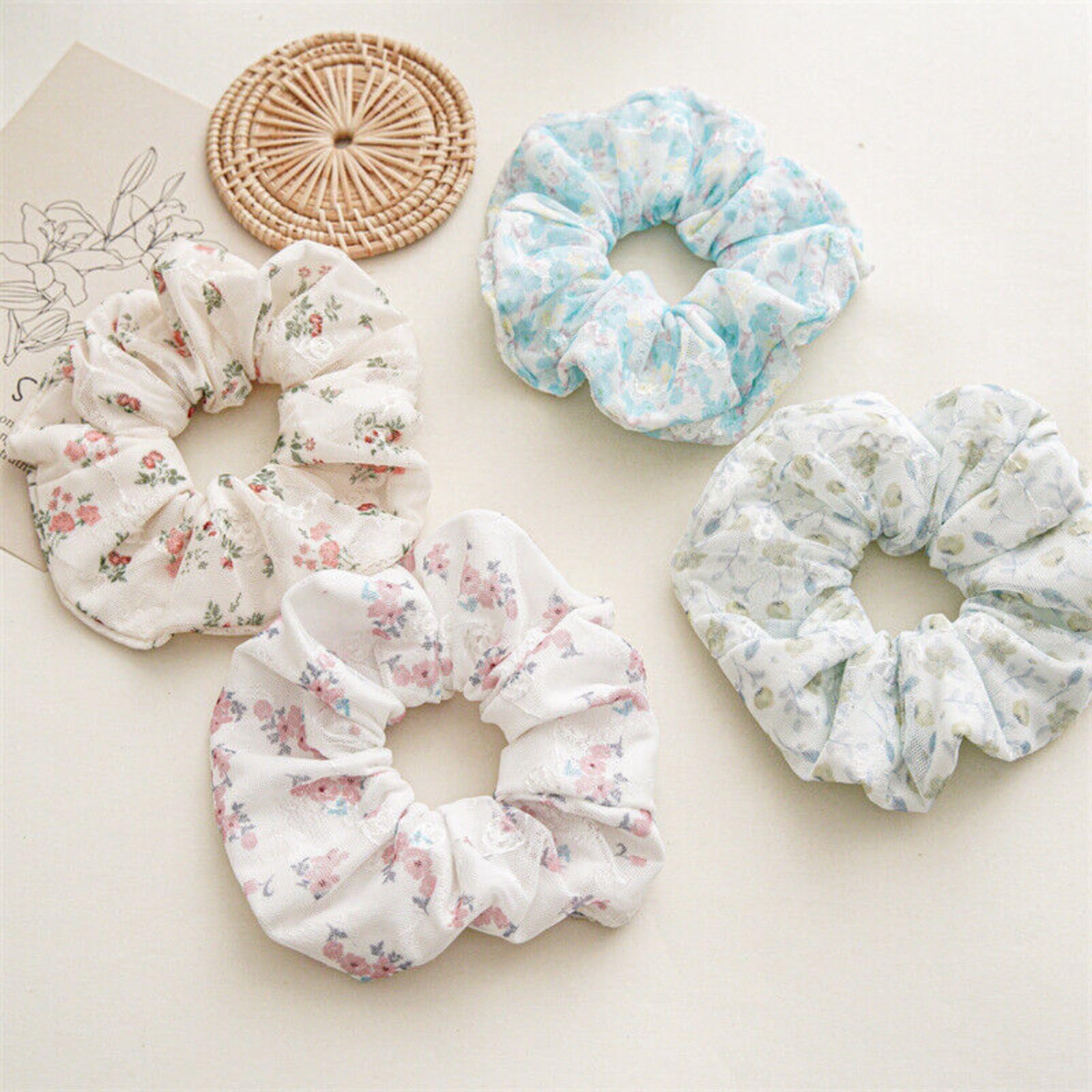 Floral Print Scrunchies for Women - Soft Elastic Hair Bands, Ponytail Holders & Hair Accessories - Green Bow Hair Ribbon for Long Hair - Perfect for Workouts, Office & Casual Wear