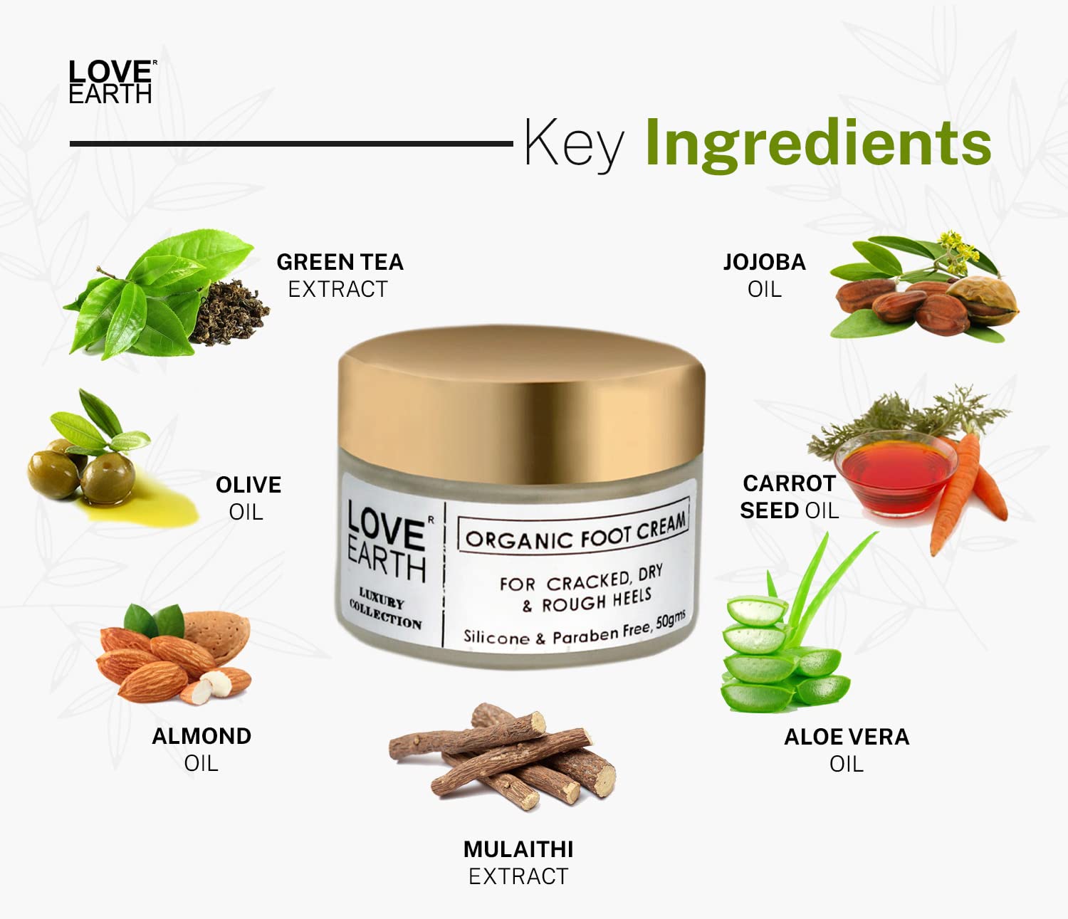 Love Earth Organic Foot Cream with Green Tea & Jojoba Oil - 50gm for Cracked, Dry & Rough Heels | Deep Moisturizing Treatment for Soft Feet | Perfect for Pedicures, Overnight Repair & Winter Foot Care