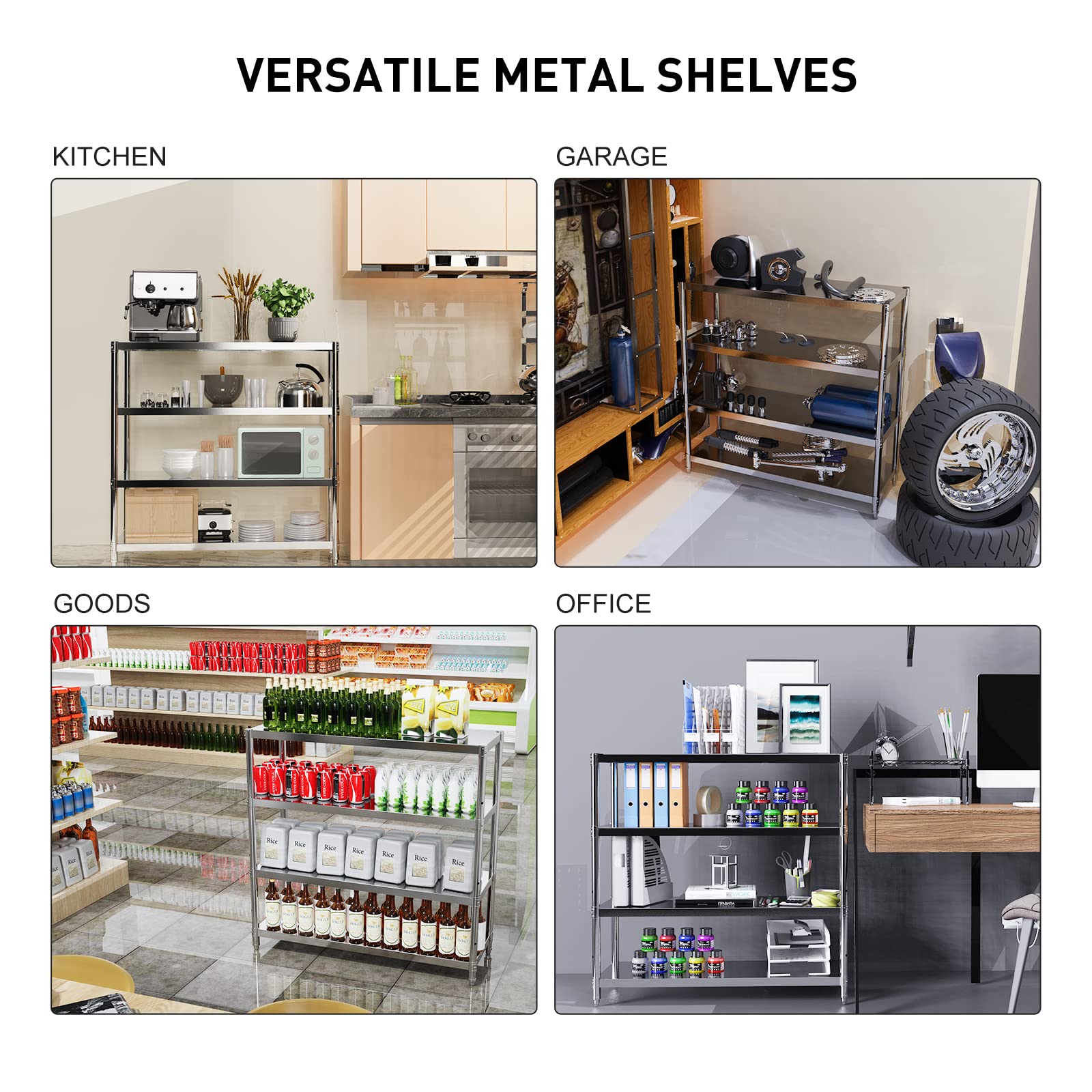 4-Tier Adjustable Stainless Steel Storage Shelves - Heavy Duty Metal Shelving Unit for Kitchen, Office, Garage (47