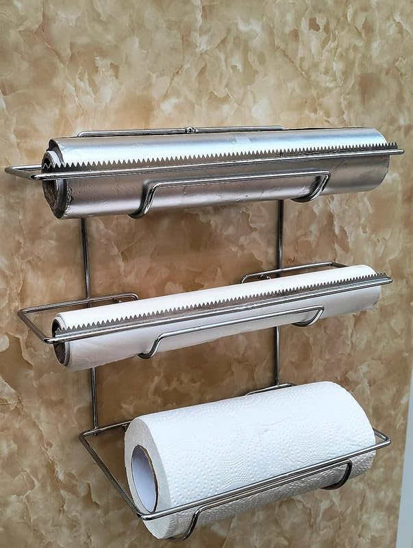 3-in-1 Wall Mount Paper Towel Holder & Plastic Wrap Dispenser - Chrome Finish | Space Saving Kitchen Organizer for Foil, Parchment & Wax Paper Rolls