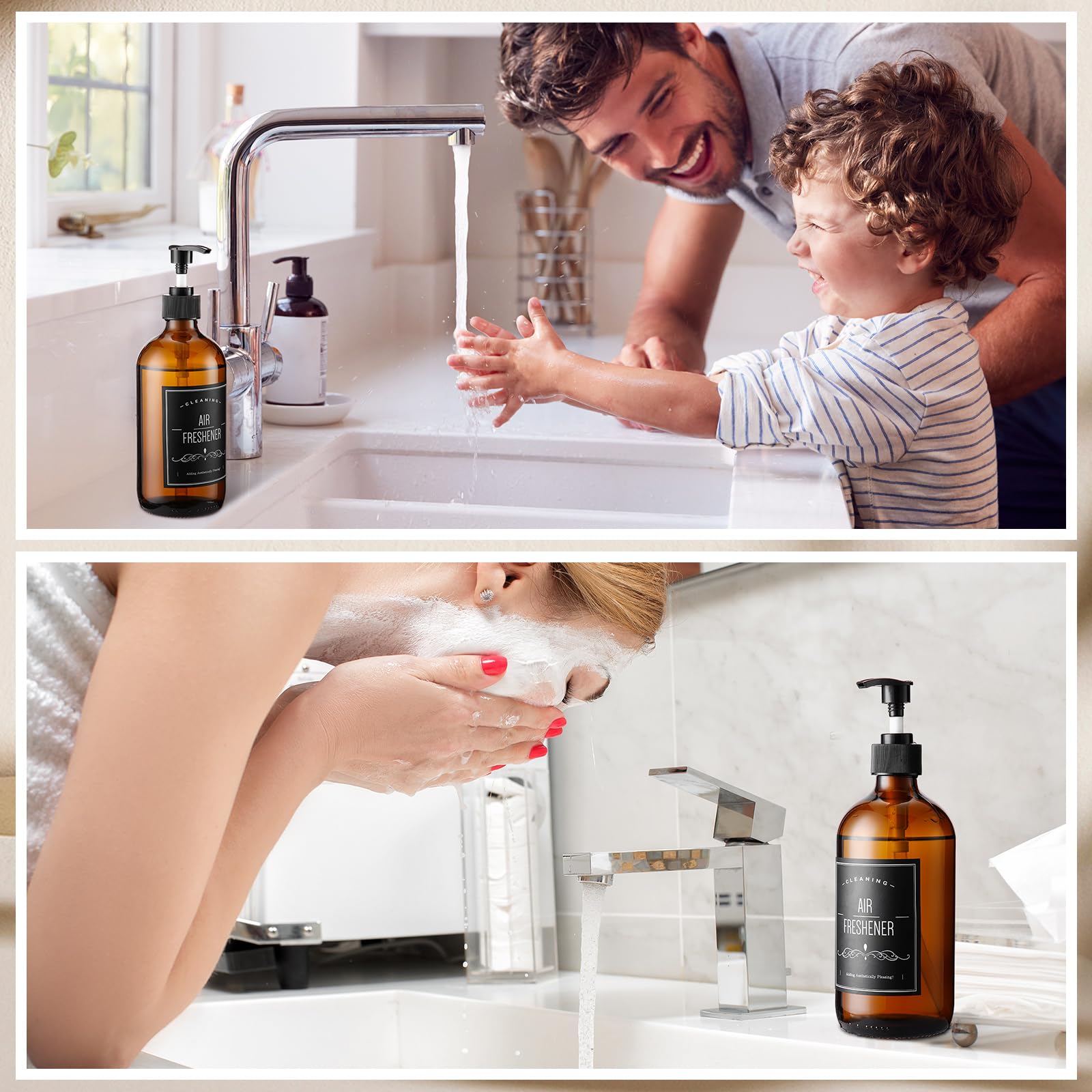 Queekay 12 Pack 16.9oz Amber Refillable Glass Bottles with Black Lotion Pumps - Reusable Shampoo, Conditioner & Soap Dispensers (Includes 2 Funnels & 12 Labels) - Perfect for Bathroom Organization, DIY Beauty Products & Eco-Friendly Home Storage