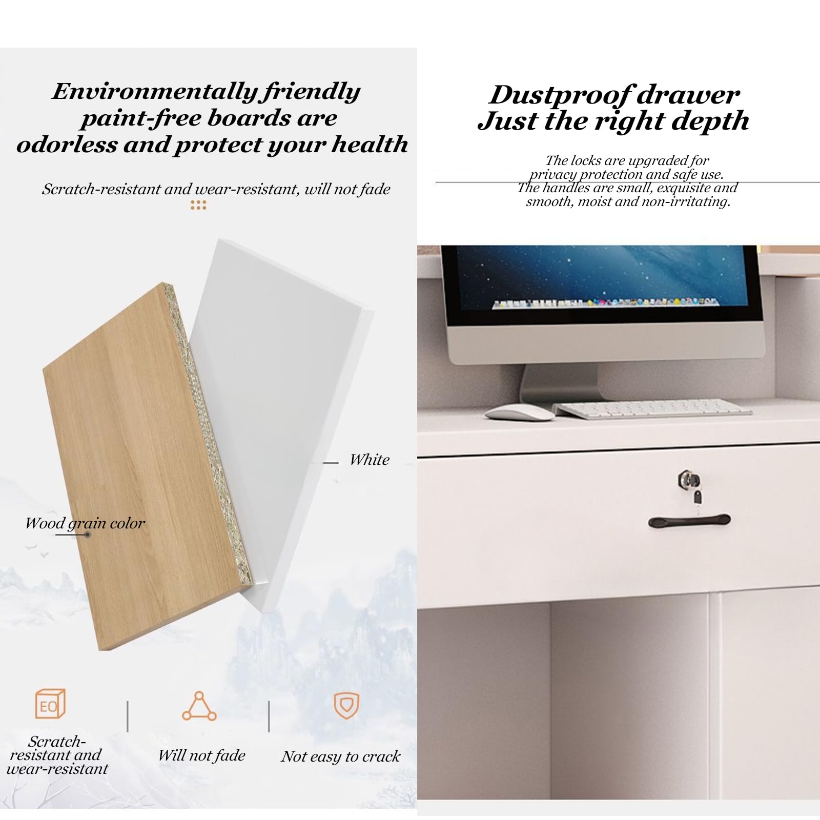 Modern L-Shaped Reception Desk Counter with Open Shelves & Drawers - Cashier Front Desk for Retail Stores, Supermarkets, Hotels & Offices - Durable Standing Workstation for Efficient Customer Service & Workspace Organization