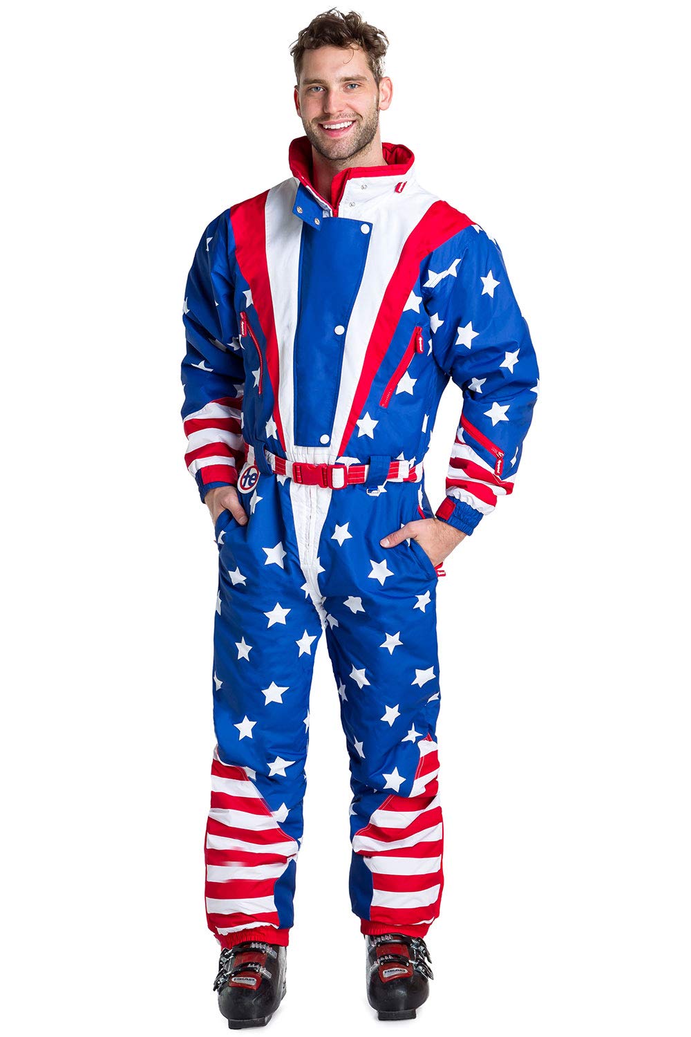 Retro Snow Suits for Men - Warm One-Piece Ski Suit for Winter - Tipsy Elves Bold & Fun Ski Outfit - Perfect for Skiing, Snowboarding & Winter Festivals
