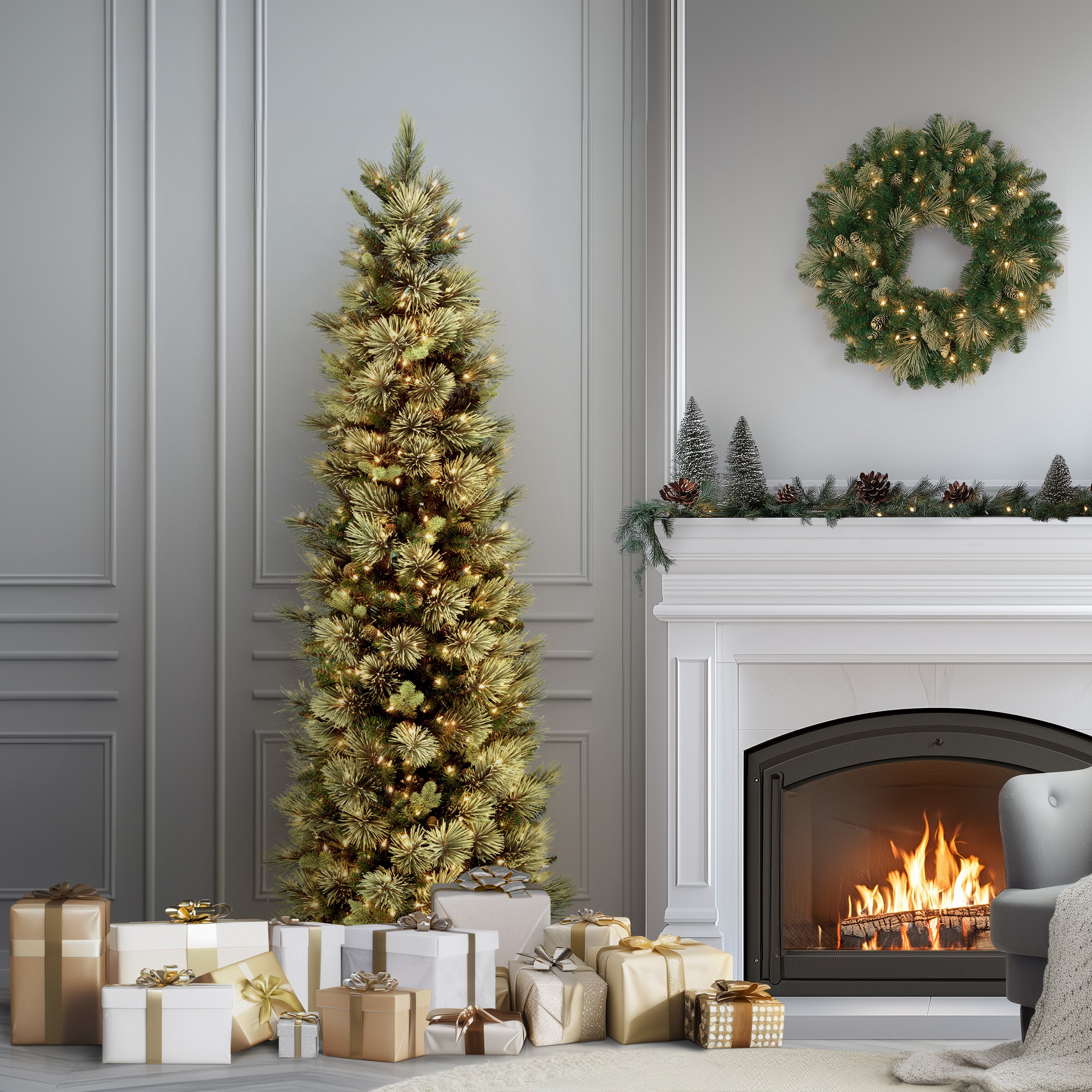7.5 ft Pre-Lit Carolina Pine Slim Christmas Tree with 500 Clear LED Lights - Perfect for Small Spaces, Apartments & Holiday Decor