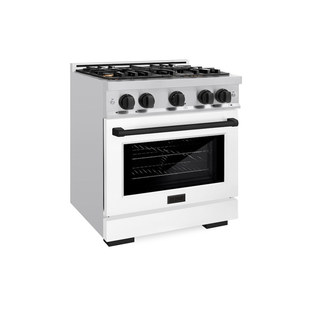 ZLINE Autograph Edition 30-inch 4.2 cu. ft. Stainless Steel Gas Range with 4-Burner Cooktop & Convection Oven - White Matte Door & Black Accents (HGRZ WM 30 MB) for Professional Home Kitchens & Modern Cooking