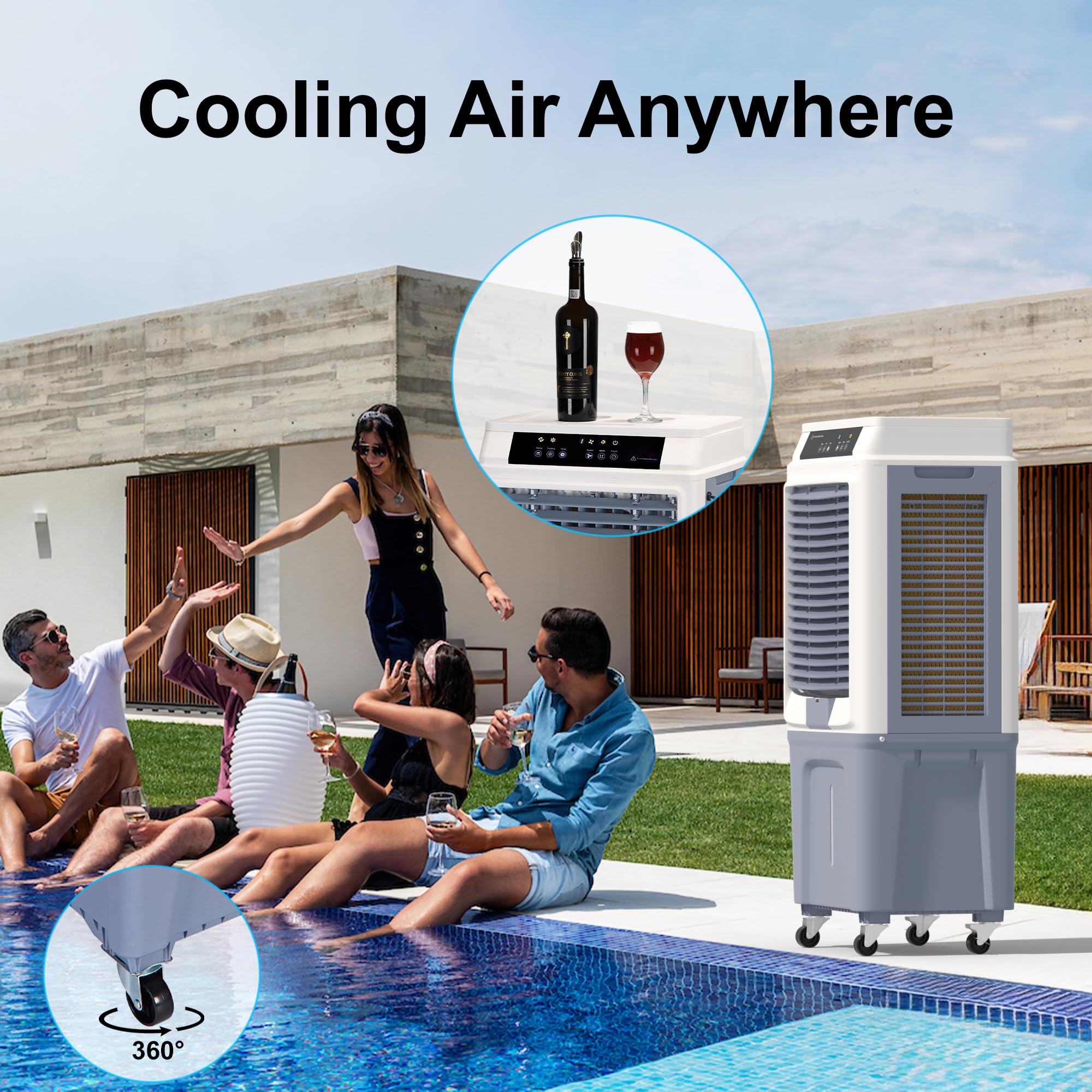 3288CFM Evaporative Air Cooler with 10.6-Gal Water Tank - Portable Swamp Cooler with Water Level Alarm, 3 Speed Settings & 12H Timer - Indoor Outdoor Air Conditioner Alternative for Patio, Garage, Workshop, and Home Cooling (42 Inch)