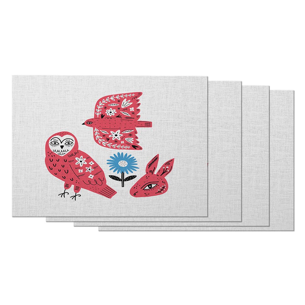 Boho Patterned Animal Placemats Set of 4 - Scandinavian Style Cotton Linen Table Mats for Dining (12x18 Inch) - Rabbit & Bird Design Home Decor - Perfect for Farmhouse, Kitchen, and Holiday Dinner Settings
