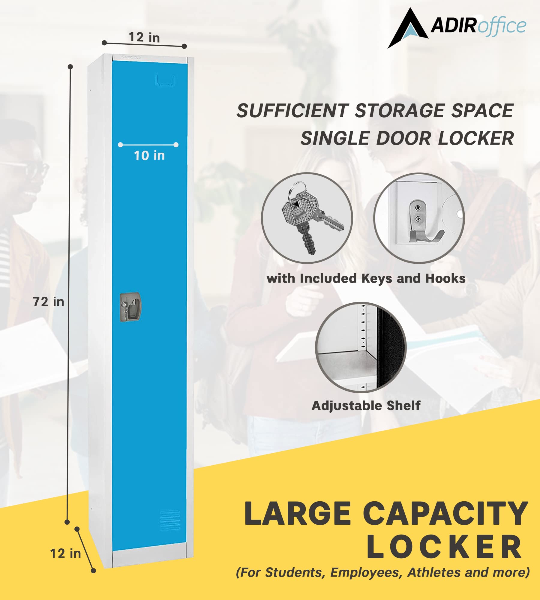 AdirOffice Large Steel Metal Storage School Locker - Free Standing Single Tier Organizer with Secure Lock, Spacious Design for Home, Office & Classroom (Blue) - Perfect for Storing Books, Supplies & Personal Items