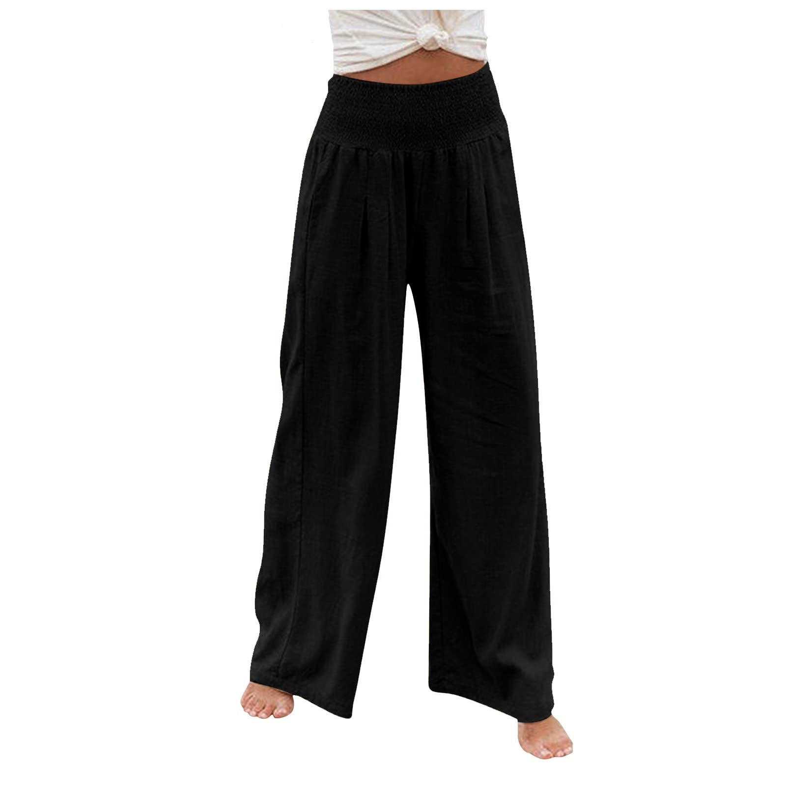 NNBY Women's Smocked High Waisted Cotton Linen Wide Leg Palazzo Pants with Pockets - Comfortable Summer Casual Pants for Beach, Office & Travel
