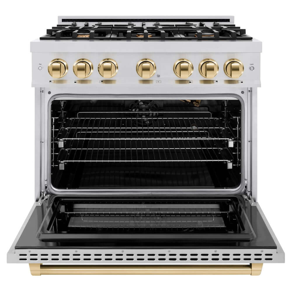 ZLINE Autograph Edition 36 Inch 5.2 Cu Ft Gas Range with 6 Burner Cooktop & Convection Oven - Stainless Steel with Polished Gold Accents (HGRZ 36 G) - Perfect for Professional Home Chefs & Modern Kitchens