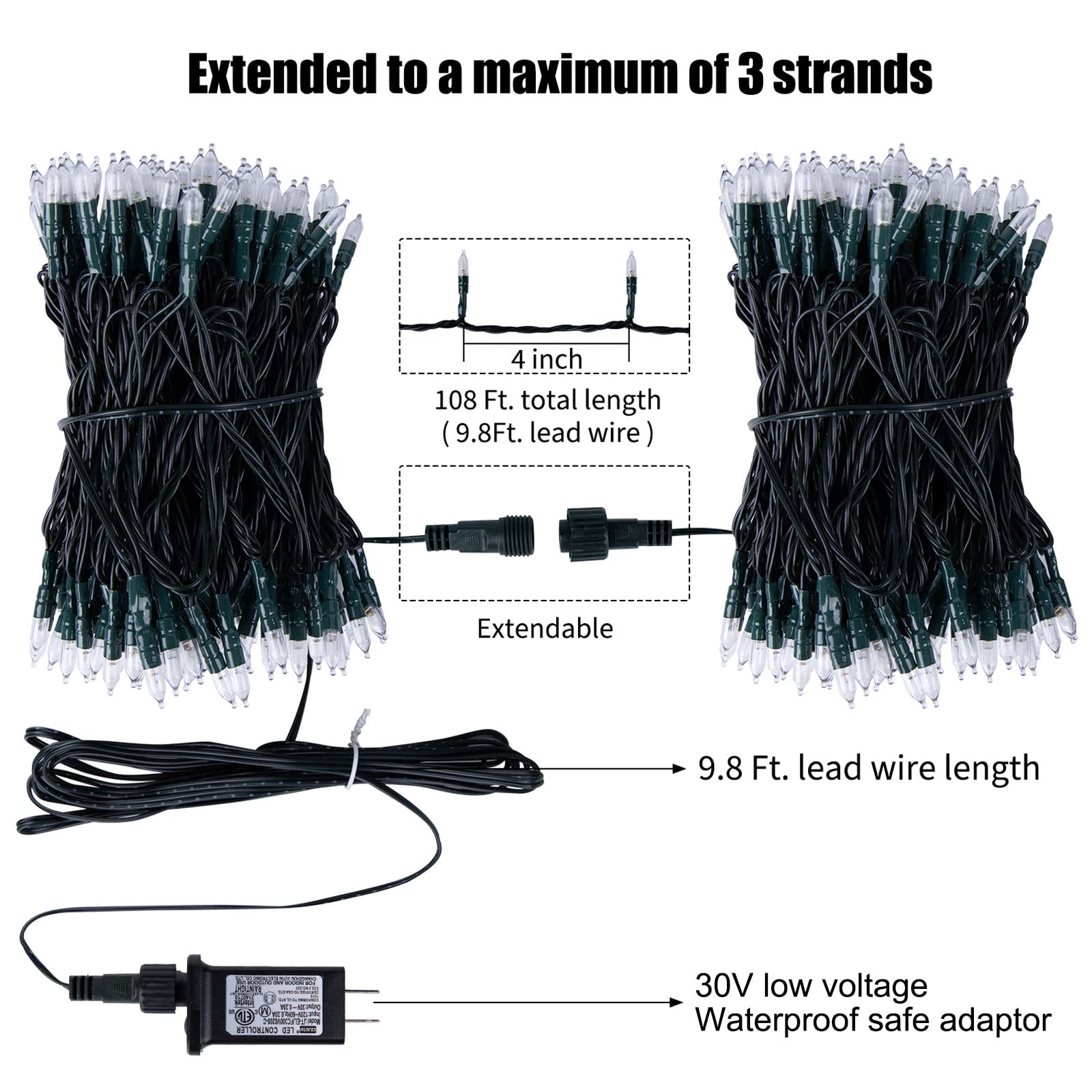 300 LED Christmas String Lights - 108ft Connectable Mini Fairy Lights with 8 Lighting Modes, Warm White Plug-in Outdoor/Indoor Holiday Decor for Xmas Trees, Wreaths, Garlands, Parties & Home Decoration