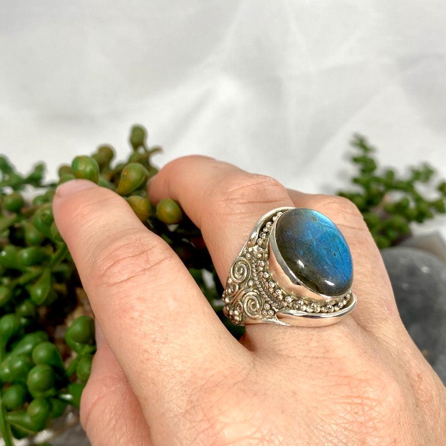 Boho Style Labradorite Oval Ring - Size 11 - Sterling Silver Handmade Jewelry - KRGJ2771 | Perfect for Festival, Wedding & Everyday Boho Fashion