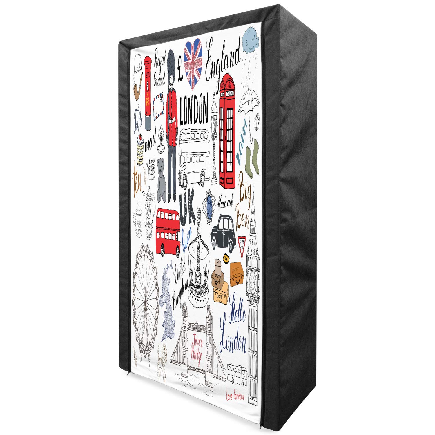 Ambesonne Portable Fabric Wardrobe - London Themed with Big Ben & Double Decker Bus Print, 33.5
