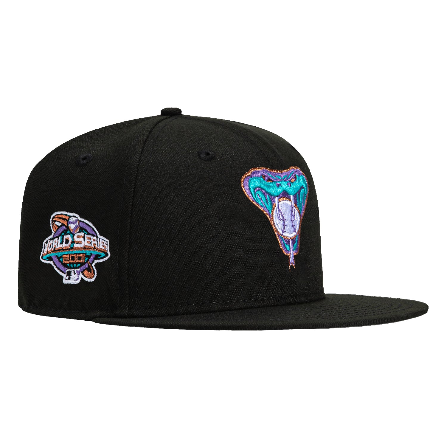 New Era 59Fifty Arizona Diamondbacks 2001 World Series Patch Snakehead Snapback Hat - Black, Teal, Purple & Metallic Copper - Official MLB Baseball Cap for Fans & Collectors - Perfect for Games, Gifts & Streetwear Fashion