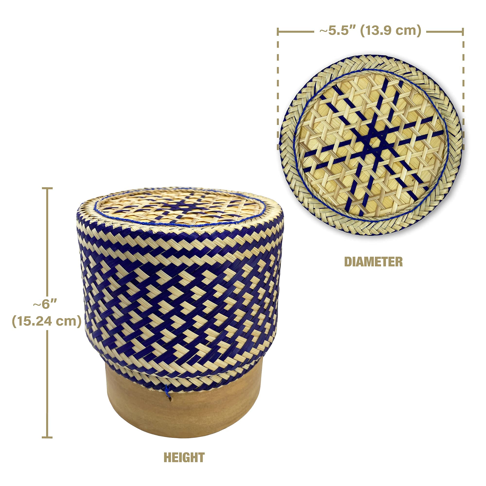 PANWA 100% Handmade Bamboo Sticky Rice Serving Basket - Traditional Thai Kratip Container with Natural Vegetable Dye (Butterfly Pea) | Food Safe, Eco-Friendly | Perfect for Asian Cuisine, Rice Serving & Home Decor