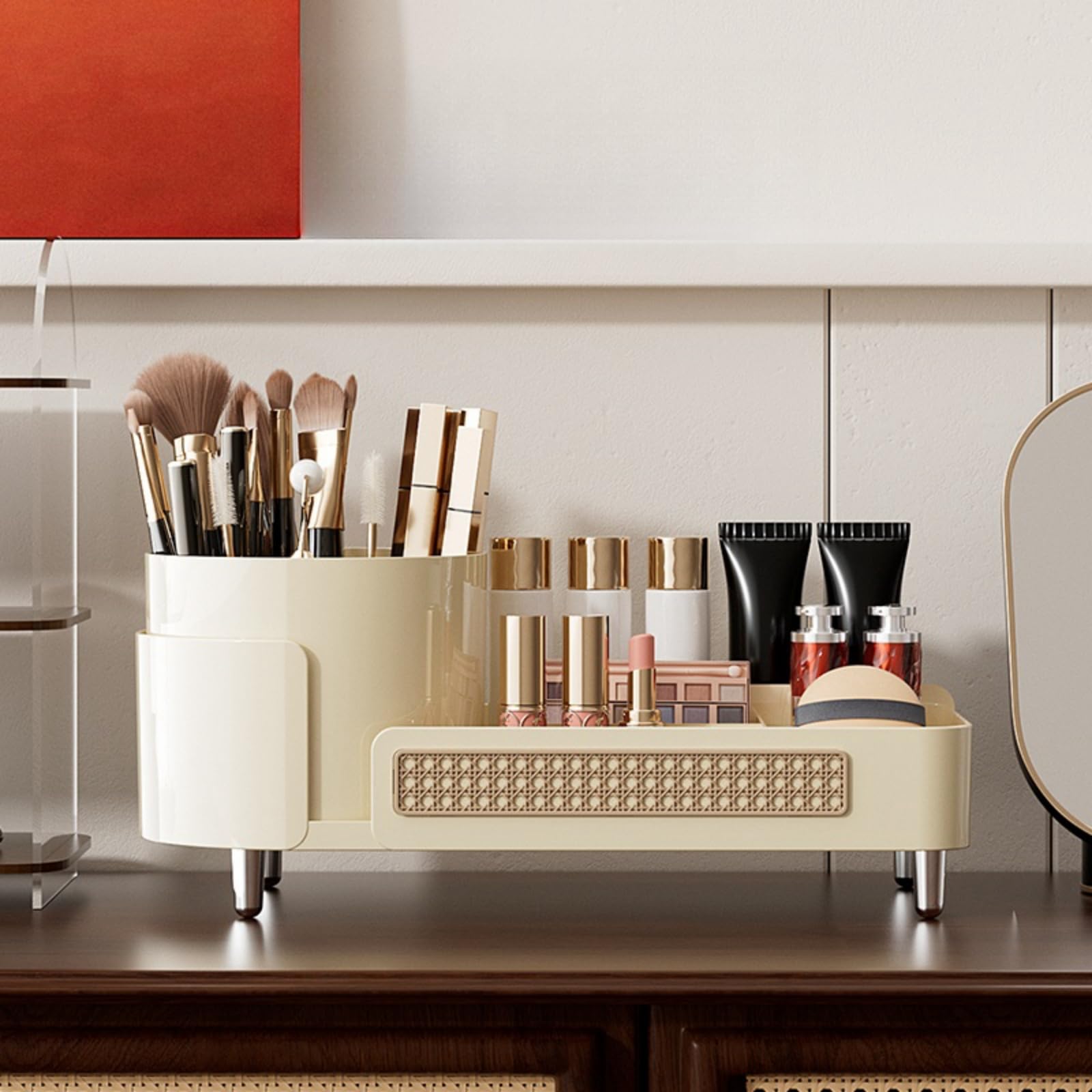 2-in-1 Rotating Makeup Organizer with Large Capacity - Vanity Countertop Cosmetic Storage Display Case for Bathroom & Dressing Table (Cream) | Perfect for Organizing Lipsticks, Brushes & Skincare Products