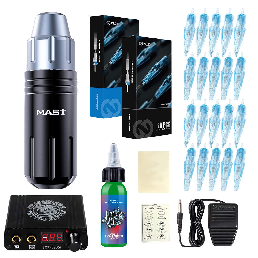 Professional Mast Flex Rotary Tattoo Machine Kit with Cartridges, Pen Gun, Wjx Needles & Pro Ink Colors - Complete Tattoo Supply Set for Artists & Beginners - Perfect for Studio, Home & Professional Tattooing