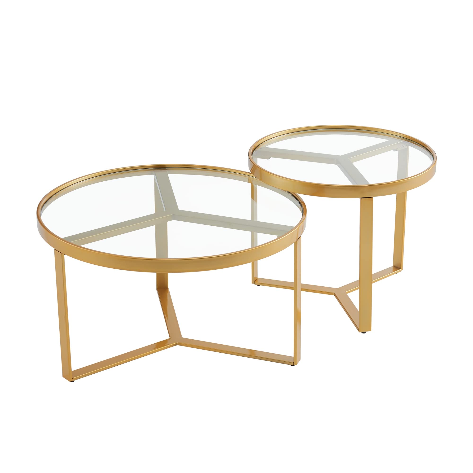Modern Nesting Coffee Tables Set - Golden Metal Frame with Round Tempered Glass Tops - Living Room Centerpiece for Small Spaces, Apartments & Cozy Home Decor