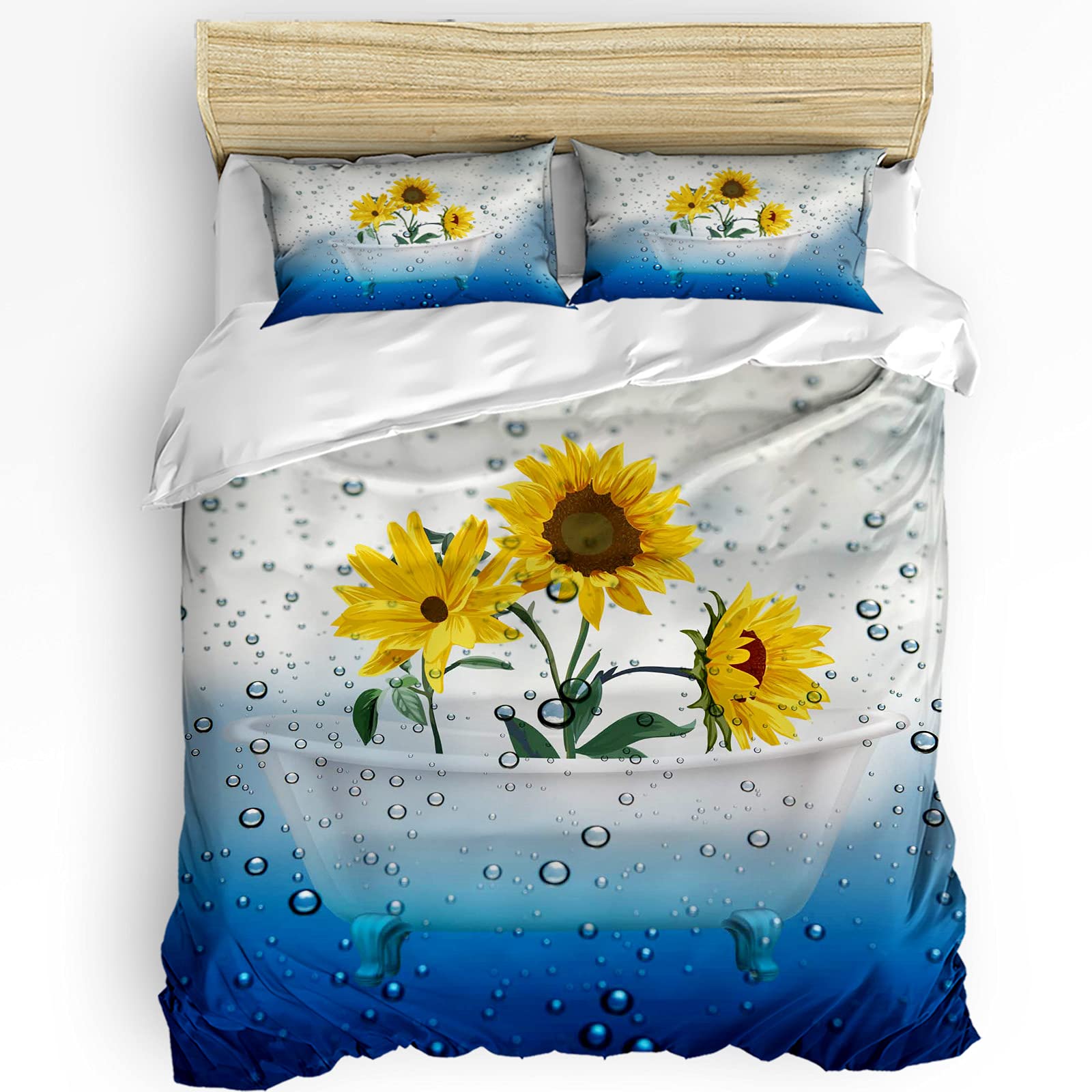 LooPoP Sunflower Full Bedding Set - 3 Piece Comforter Duvet Cover with Pillow Shams for Teens, Boys & Girls - Vintage Floral Water Drop Design - Perfect for Bedroom Decor, Dorm Room Essentials & Cozy Sleep