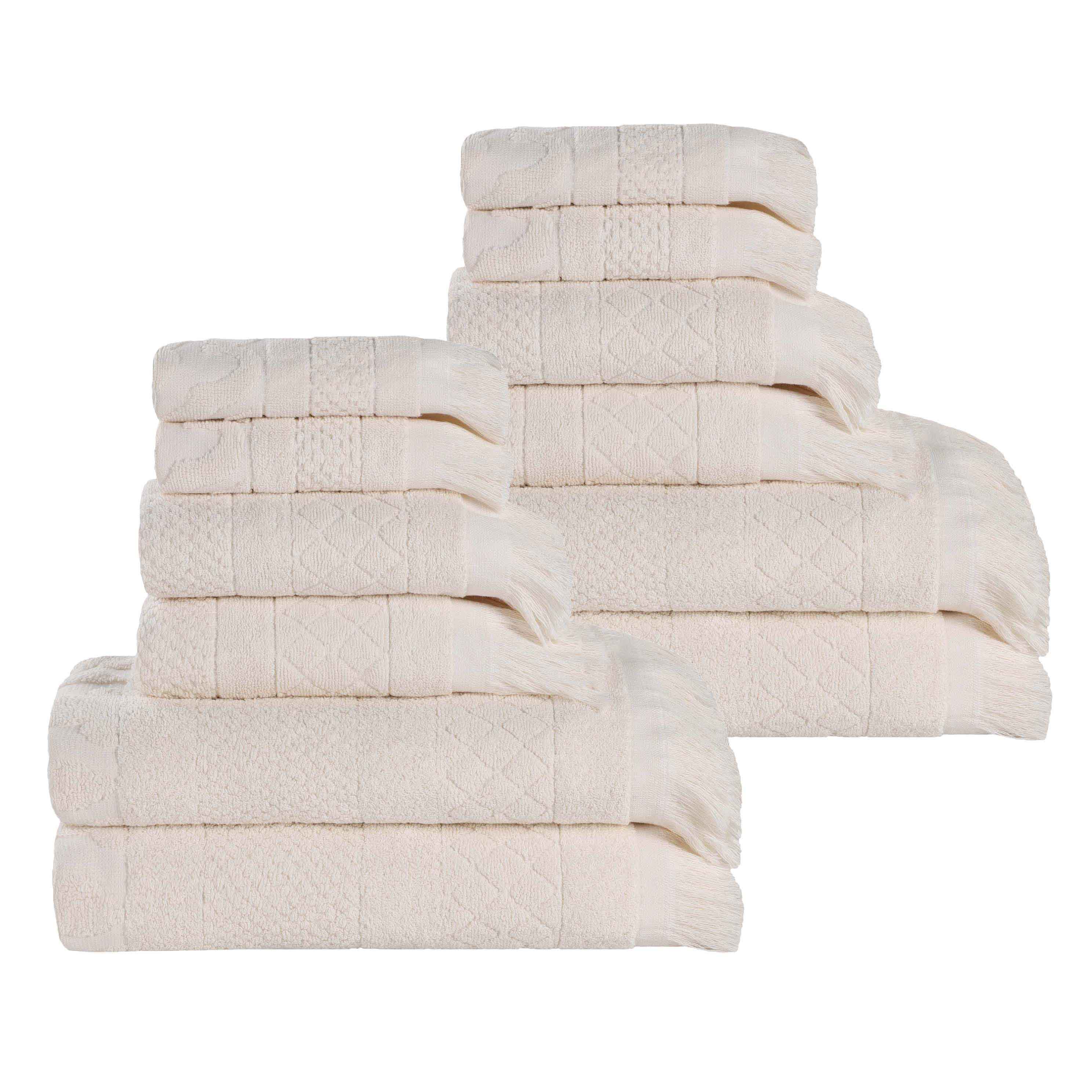 Rolla Cotton Geometric Jacquard Plush Soft Absorbent 12-Piece Bath Towel Set | Luxury Spa & Guest Bathroom Essentials
