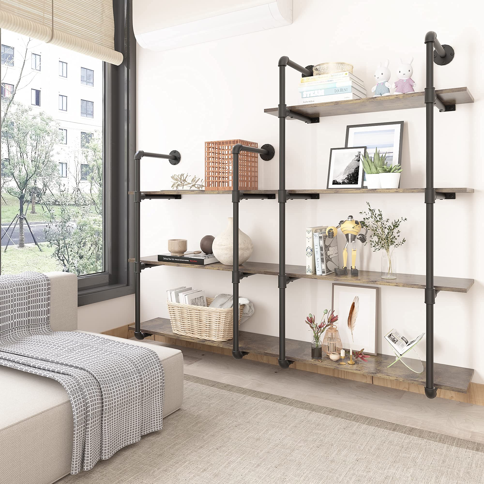 Gezen Industrial Pipe Shelving - 4 Tier Metal Floating Shelves & Rustic Wood Ladder Bookshelf - Wall Mounted Storage Shelf for Living Room, Kitchen, Bathroom - Perfect for Home Organization & Displaying Decor