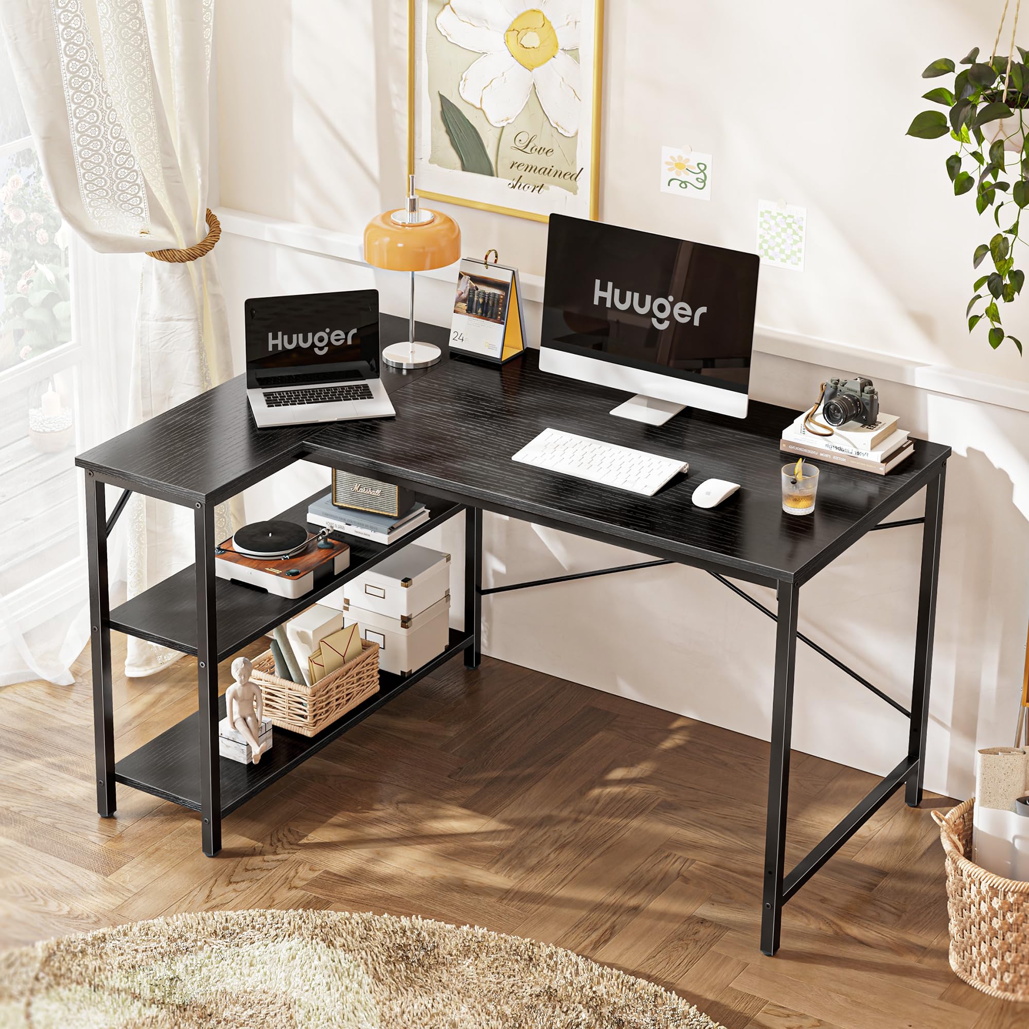Huuger 47 Inch L-Shaped Gaming Desk with Reversible Storage Shelves - Sturdy Metal Frame Computer Desk for Home Office & Workstation - Perfect for Small Spaces, Gaming Setup & Remote Work
