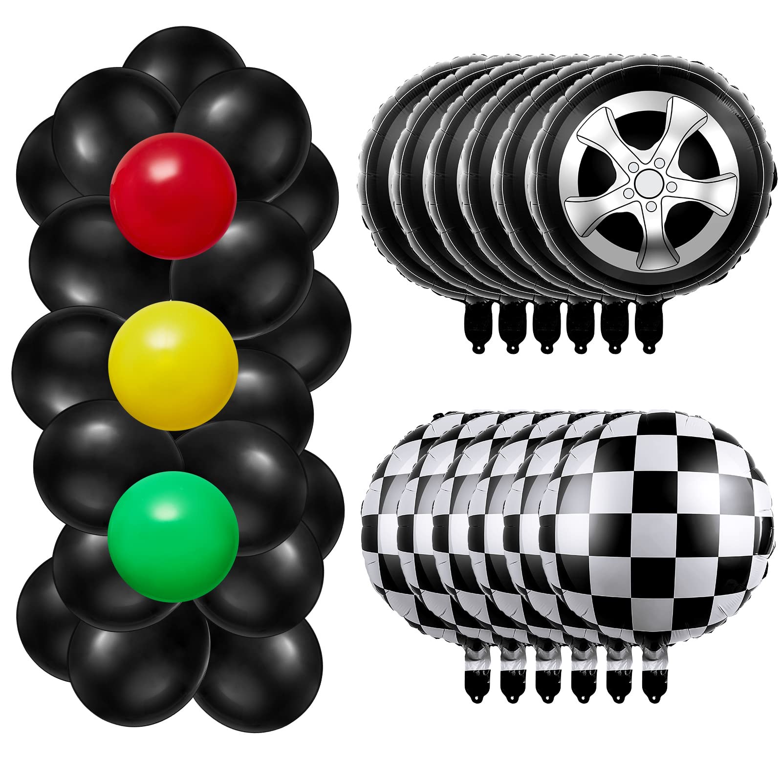 66 Pcs Car Themed Party Decorations - Inflatable Tire Balloons, Traffic Light Balloons & Checkered Foil Balloons with Glue & Chains - Perfect for Boys Birthday, Race Car Fans & Themed Parties - Great for Birthday Celebrations, Baby Showers & Race Car Events