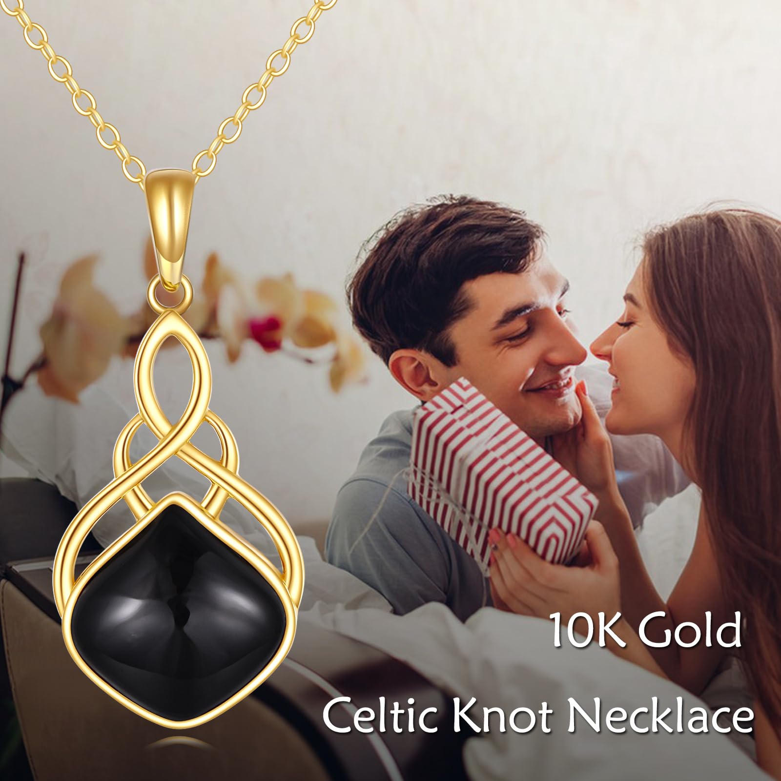 KECHO 14K Gold Celtic Knot Pendant Necklace with Black Onyx Stone - Irish Jewelry for Women, Elegant Christmas Gift for Her | Perfect for Weddings, Anniversaries & Special Occasions