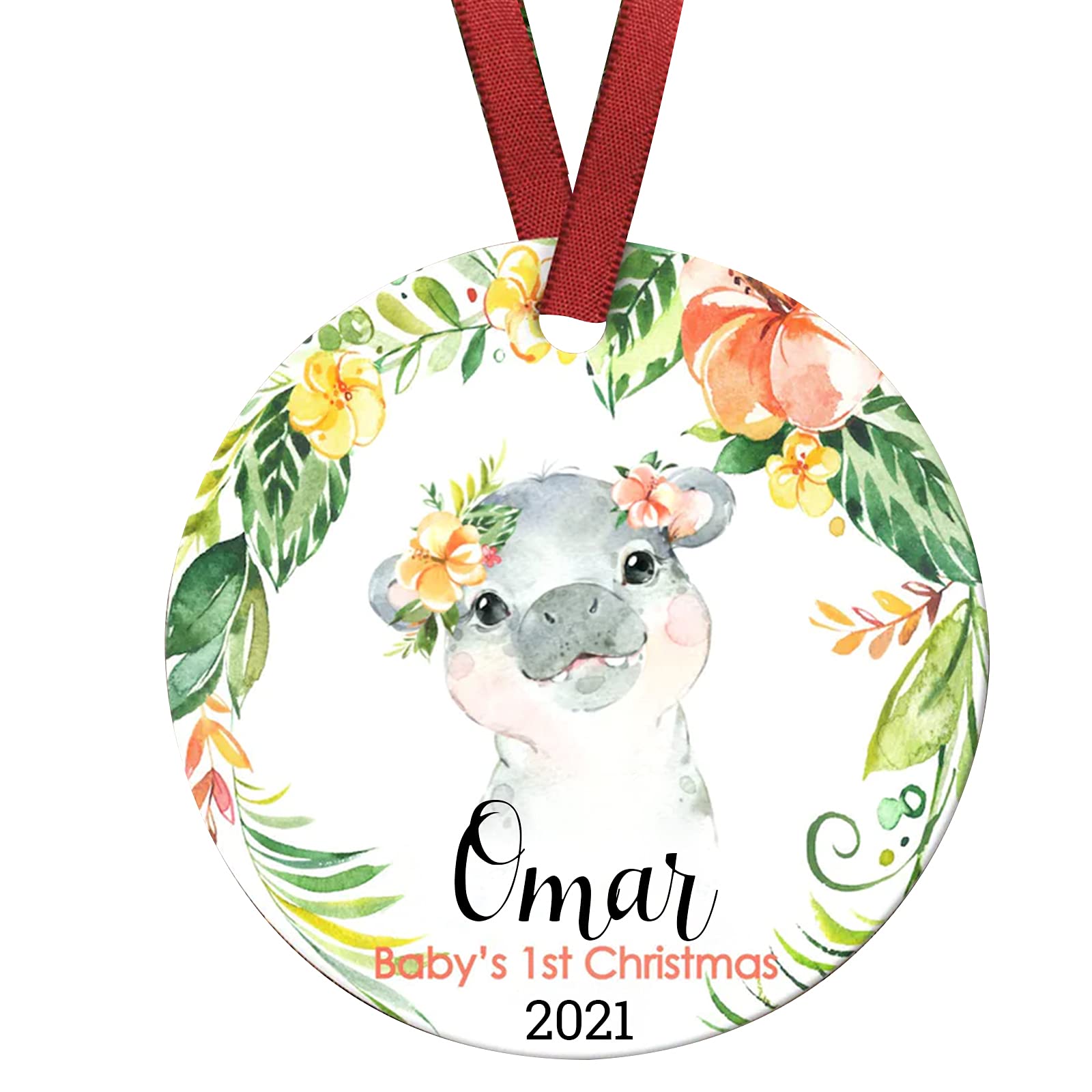 Personalized Baby's First Christmas Ornament - Cute Baby Hippo Design for Baby Girls - Perfect Keepsake for Baby's First Christmas - Great for Nursery Decor, Holiday Gifts & Family Traditions