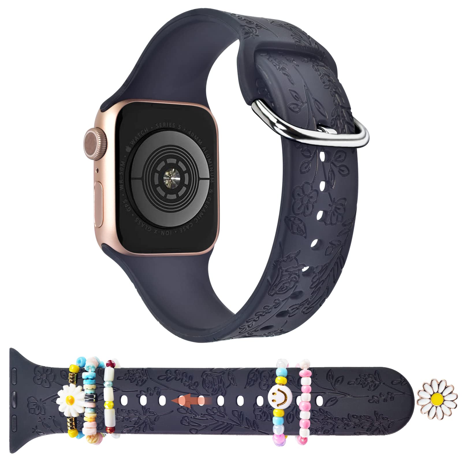 Floral Engraved Apple Watch Bands 38mm 40mm 41mm - Soft Silicone Replacement Strap for iWatch Series SE 8 7 6 5 4 3 2 1 - Women's Sport Wristband with Charms - Perfect for Workouts, Daily Wear & Fashion Accessories
