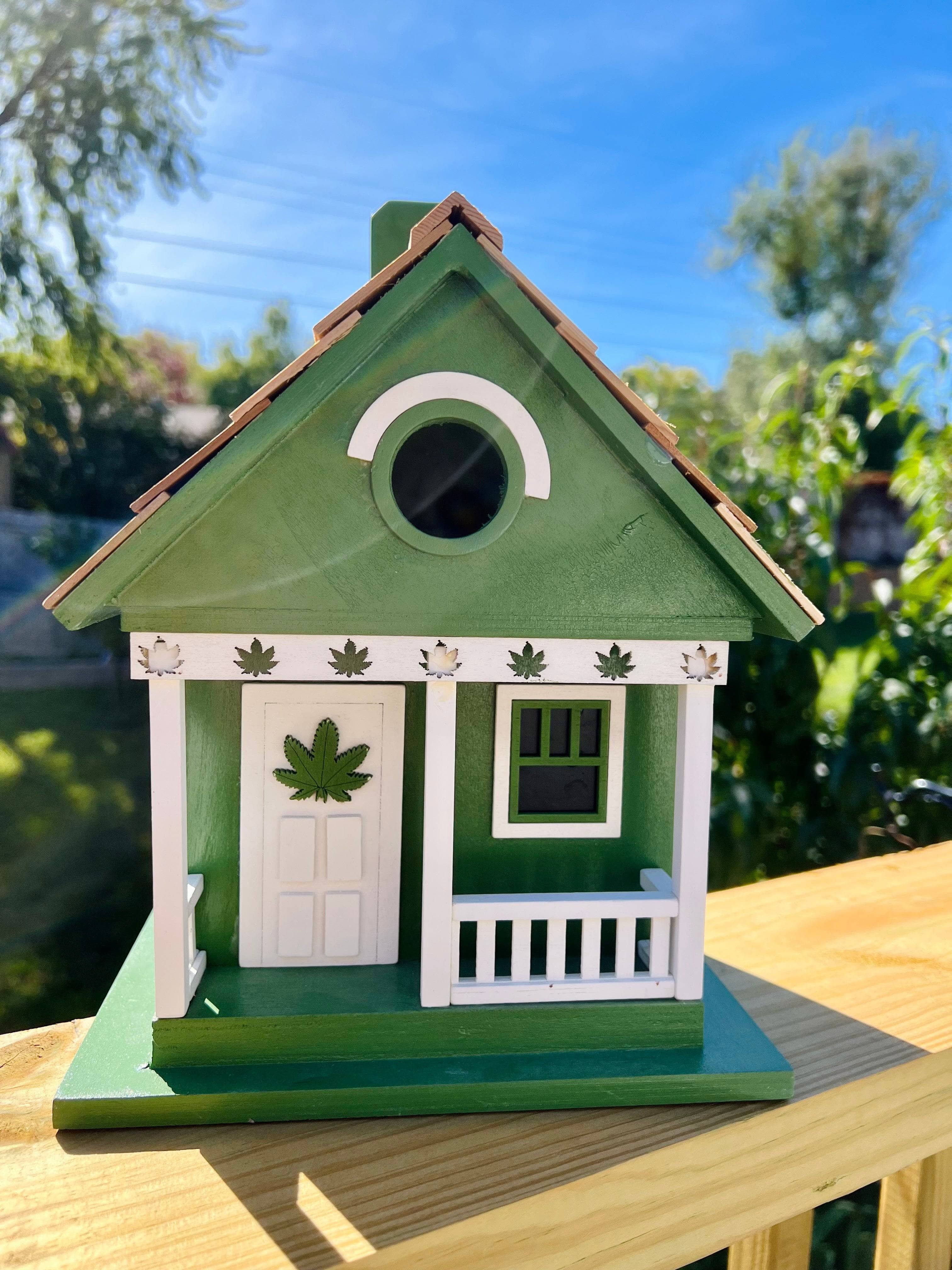 Handmade Cannabis-Themed Wooden Birdhouse for Garden Decor - Perfect for Outdoor Bird Watching & Unique Gift Idea