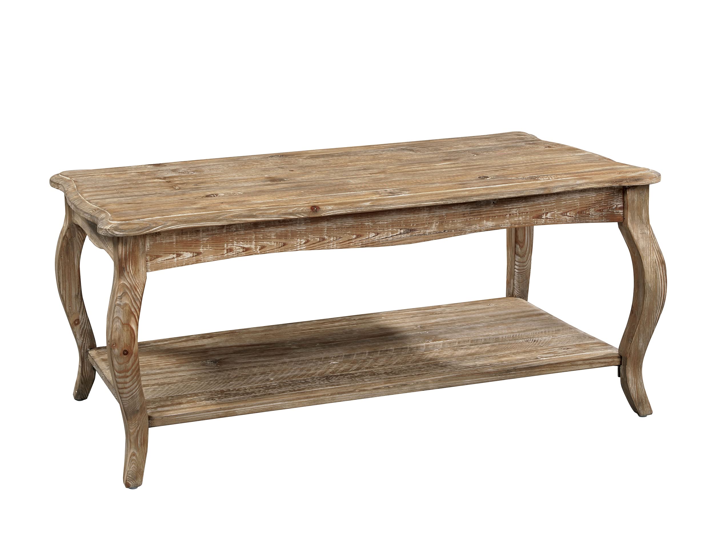 Rustic Wood Coffee Table with Open Shelf, Curved Legs & Scalloped Edges - Driftwood Finish Farmhouse Style Living Room Furniture by Alaterre | Perfect for Small Spaces, Apartments & Cozy Home Decor
