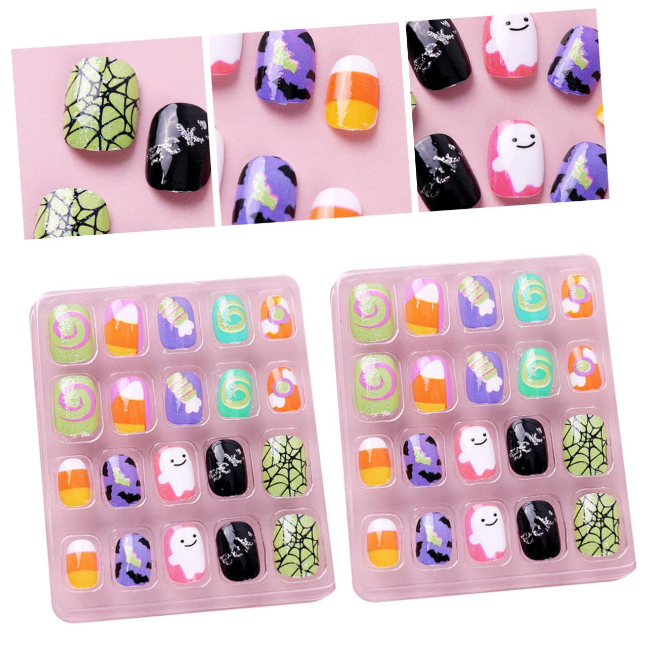 Lurrose 40pcs Halloween Fake Nails Set - Pink Acrylic Nails with Glitter, Nail Art Stickers & Glue for Girls, Women & Kids | Square Fake Nails for Halloween Parties, Costumes & Nail Art Designs