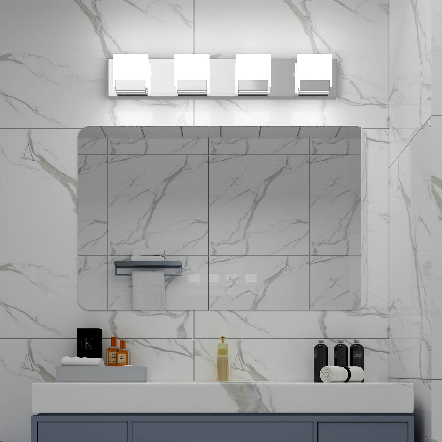 Modern Chrome LED Vanity Lights for Bathroom - 4 Light Fixtures Over Mirror, Energy Efficient & Dimmable - Perfect for Bathroom, Powder Room & Dressing Room Makeup Lighting
