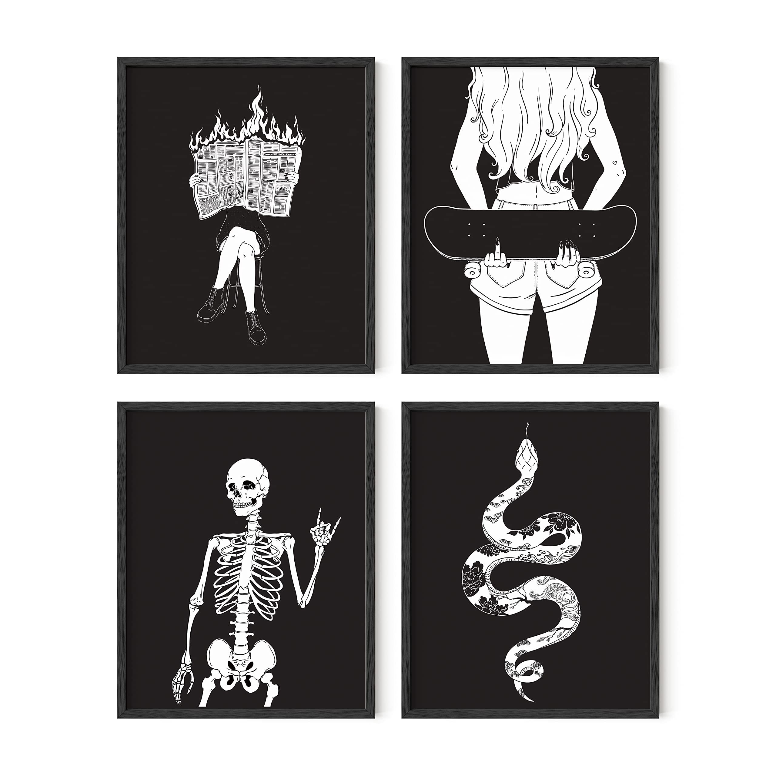 HAUS AND HUES Edgy Black and White Skull Art Prints Set of 4 - 16x20 Framed Gothic Wall Decor for Halloween, Witchy Aesthetic Bedroom, Teen Girls Room & Goth Home Decor | Perfect for Spooky Parties, Dark Academia Themes & Alternative Interior Design
