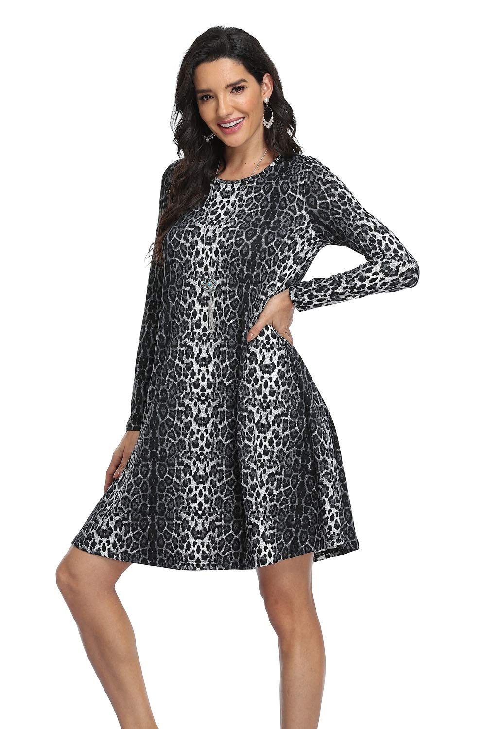 Vintage Women's Casual T-Shirt Dress Long Sleeve Loose Swing Dress with Pockets - Comfortable Boho Style for Everyday Wear, Date Night & Travel