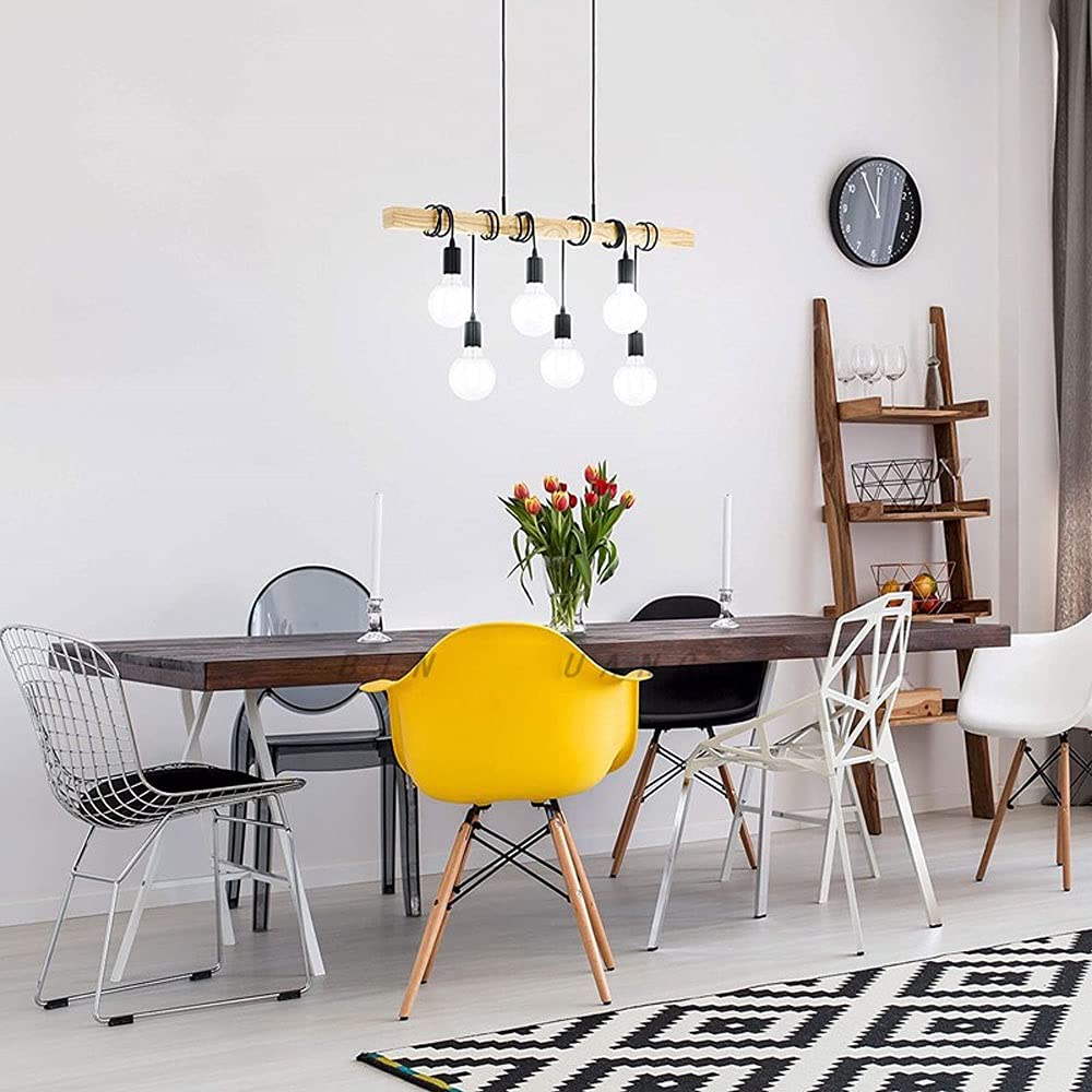 6-Light Modern Hanging Chandelier - Solid Wood E27 Pendant Lighting for Dining Room, Cafe, Bar & Retail Stores - Black Industrial Style Ceiling Light for Home & Commercial Decor