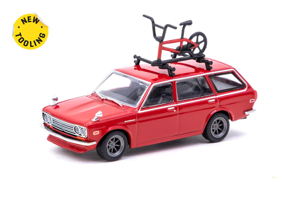 Tarmac Works 1:64 Scale Nissan Datsun Bluebird 510 Wagon Diecast Model Car - Red with Bicycle & Roof Rack - Perfect for Collectors, Display, and Toy Car Racing Scenes
