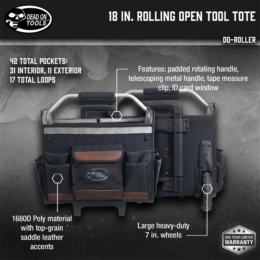 Dead On Tools 18-Inch Rolling Tool Tote with Extendable Handle - Heavy Duty Black Tool Storage Organizer for Contractors, Mechanics & DIY Projects | Workshop, Garage & Job Site Use