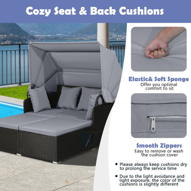 Costway Outdoor Patio Rattan Daybed with Retractable Canopy & Side Tables - Black - Perfect for Poolside Lounging, Garden Relaxation & Backyard Sunbathing