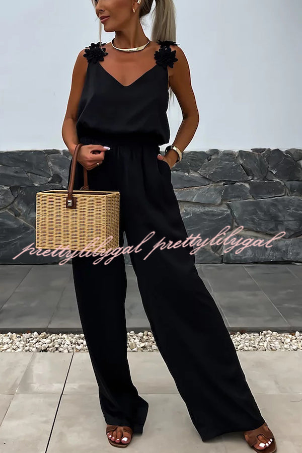 Solid Color Embroidered Flower Suspenders Casual Loose Jumpsuit for Women | Summer Boho Romper | Outdoor Music Festival & Beach Vacation Outfit