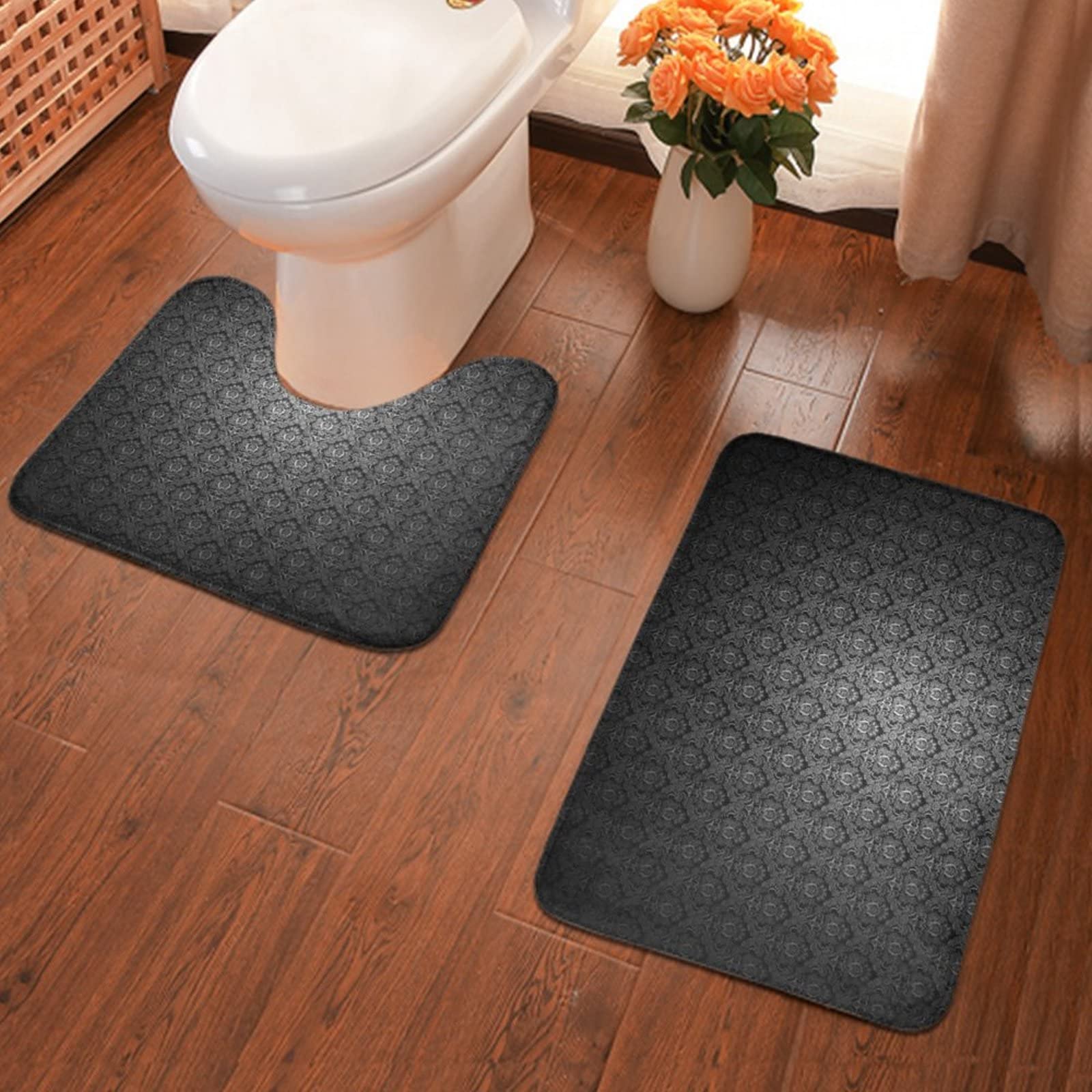 SWEET TANG Soft Bathroom Rug Set - 2 Piece Black Elegant Non-Slip Bath Mat & U-Shaped Toilet Floor Mat with High Density Foam for Bathroom Decor | Perfect for Modern Homes, Guest Bathrooms & Spa-Style Retreats