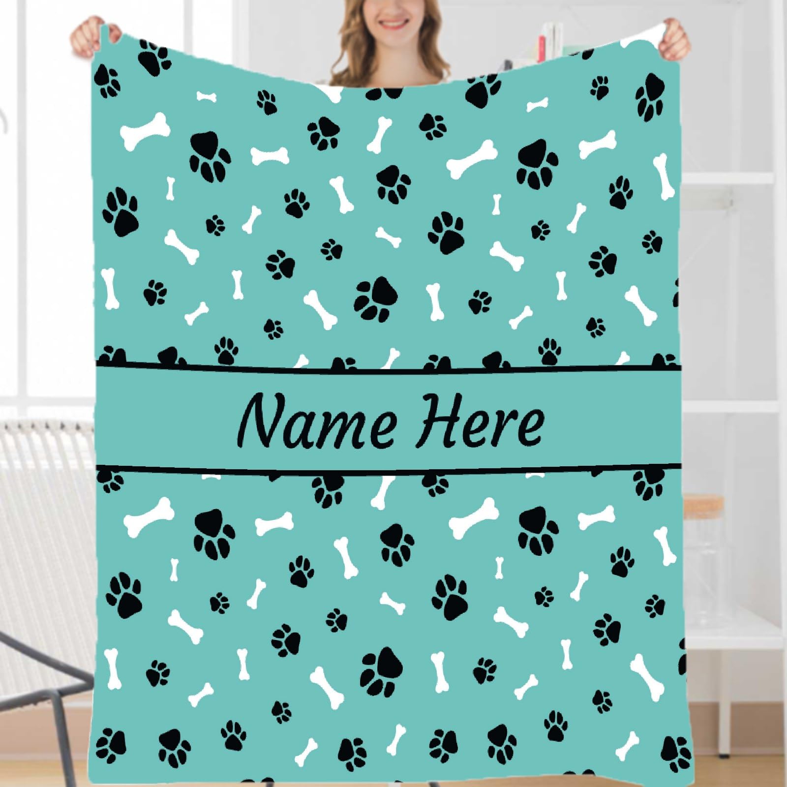 **Personalized Dog Blanket - Custom Name Pet Blanket for Dogs, Puppies - Soft Cozy Fleece Throw Blanket for Bed, Sofa & Travel - Perfect Gift for Dog Lovers, Mom, Dad - Cute Paws & Bones Design**    *(Use Scenes: Great for snuggling at home, keeping your pet warm during travel, or as a thoughtful gift for dog lovers!)*