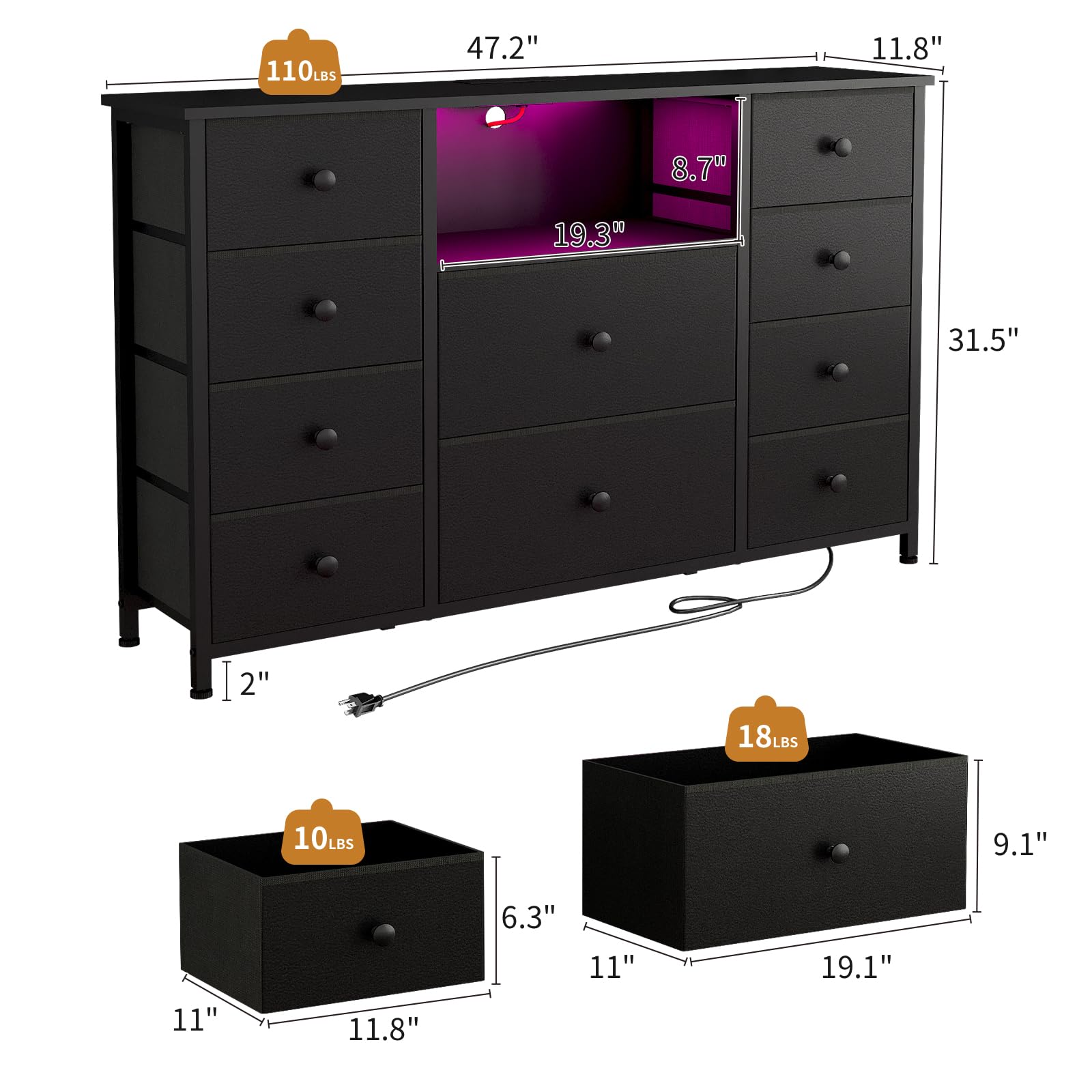 LDTTCUK 10-Drawer Dresser with USB Charging Station & LED Lights - Fabric Storage Organizer with PU Finish, Black - Perfect for Bedroom, Living Room, or TV Stand