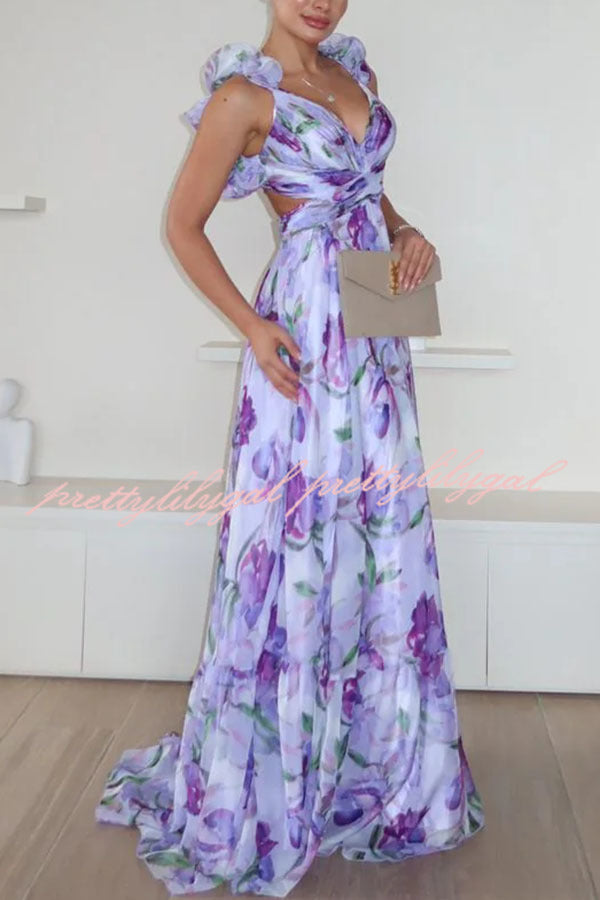 Whimsy Grace Tulle Floral Ruffle Detail Back Lace Up Pleated Maxi Dress - Elegant Wedding Guest & Special Occasion Formal Gown for Women